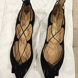 REDUCED PRICE Salvatore Ferragamo Black Suede Lace-Up Flats. Size 8M.. LIKE NEW